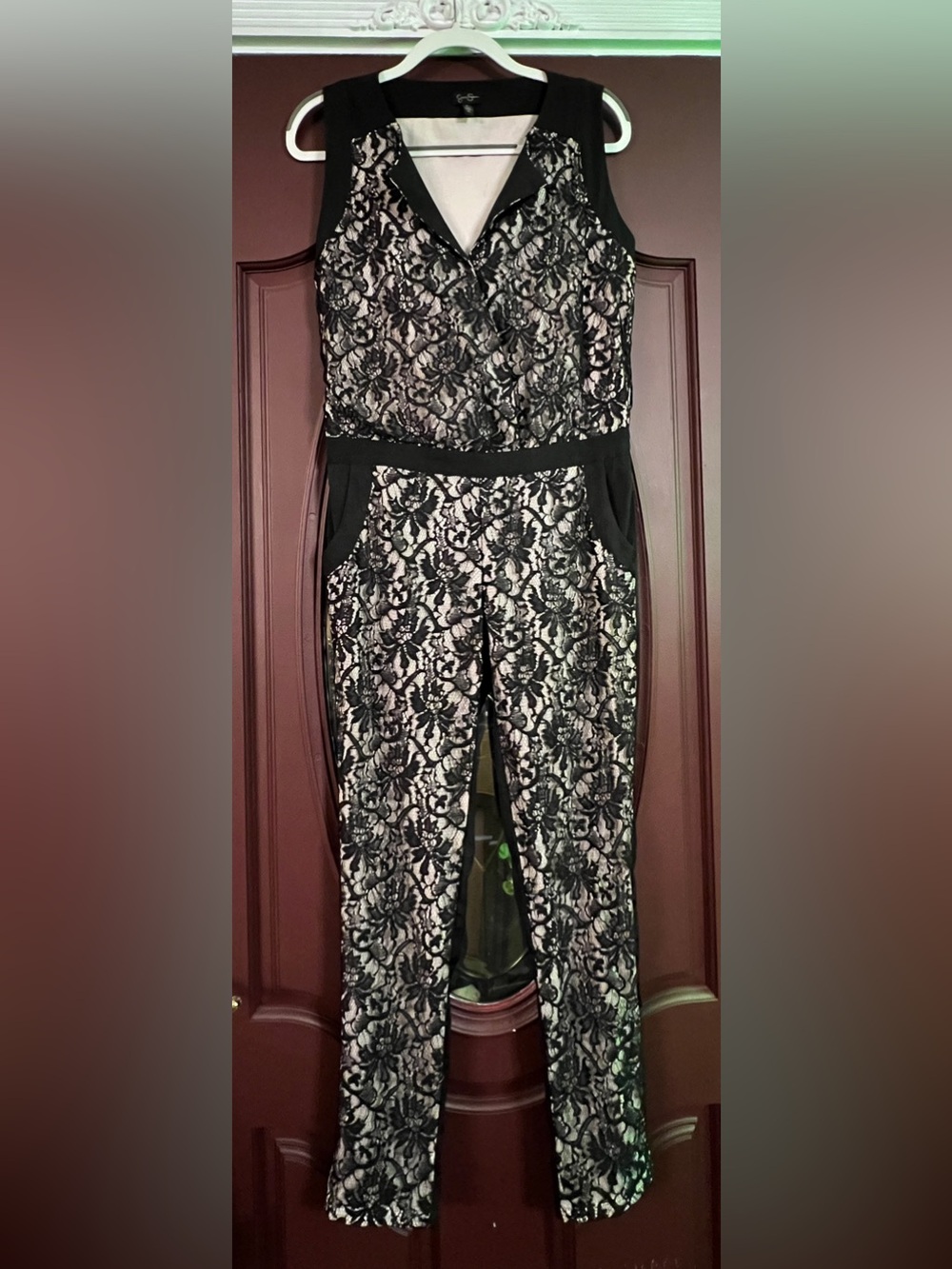 Jessica Simpson Black Lace-Overlay Sleeveless Jumpsuit with Cream Underlay